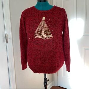 Women’s L Red/Black Sweater Jeweled Gold Christmas Tree Holiday Knit Holiday